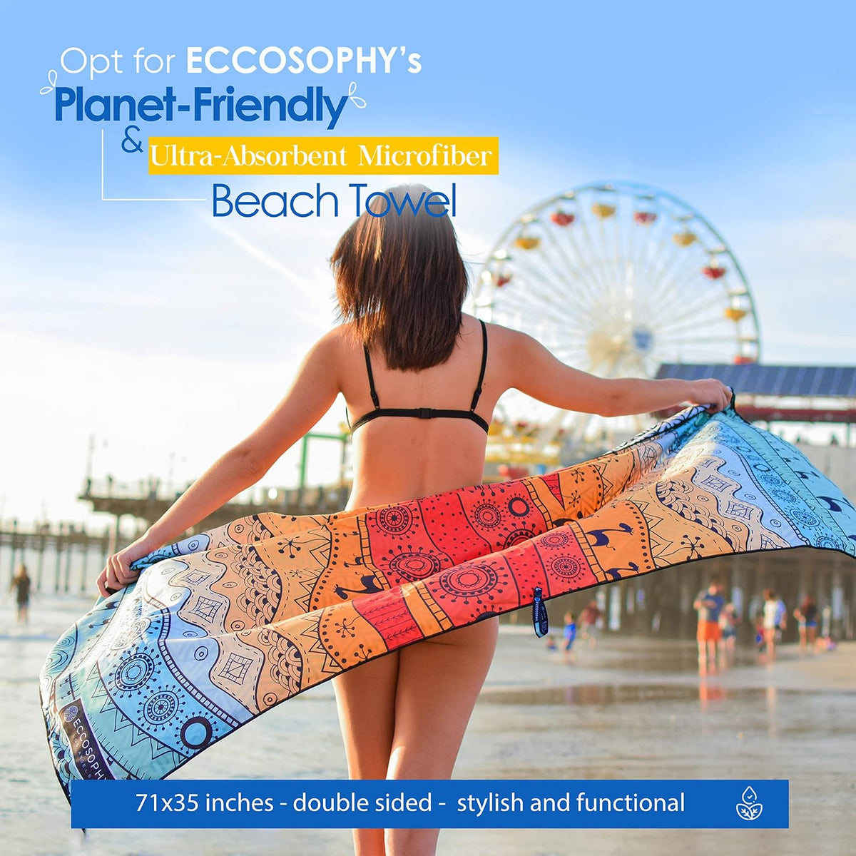 ECCOSOPHY Microfiber Beach Towel - Quick Dry, Sand Free and Oversized 71x35