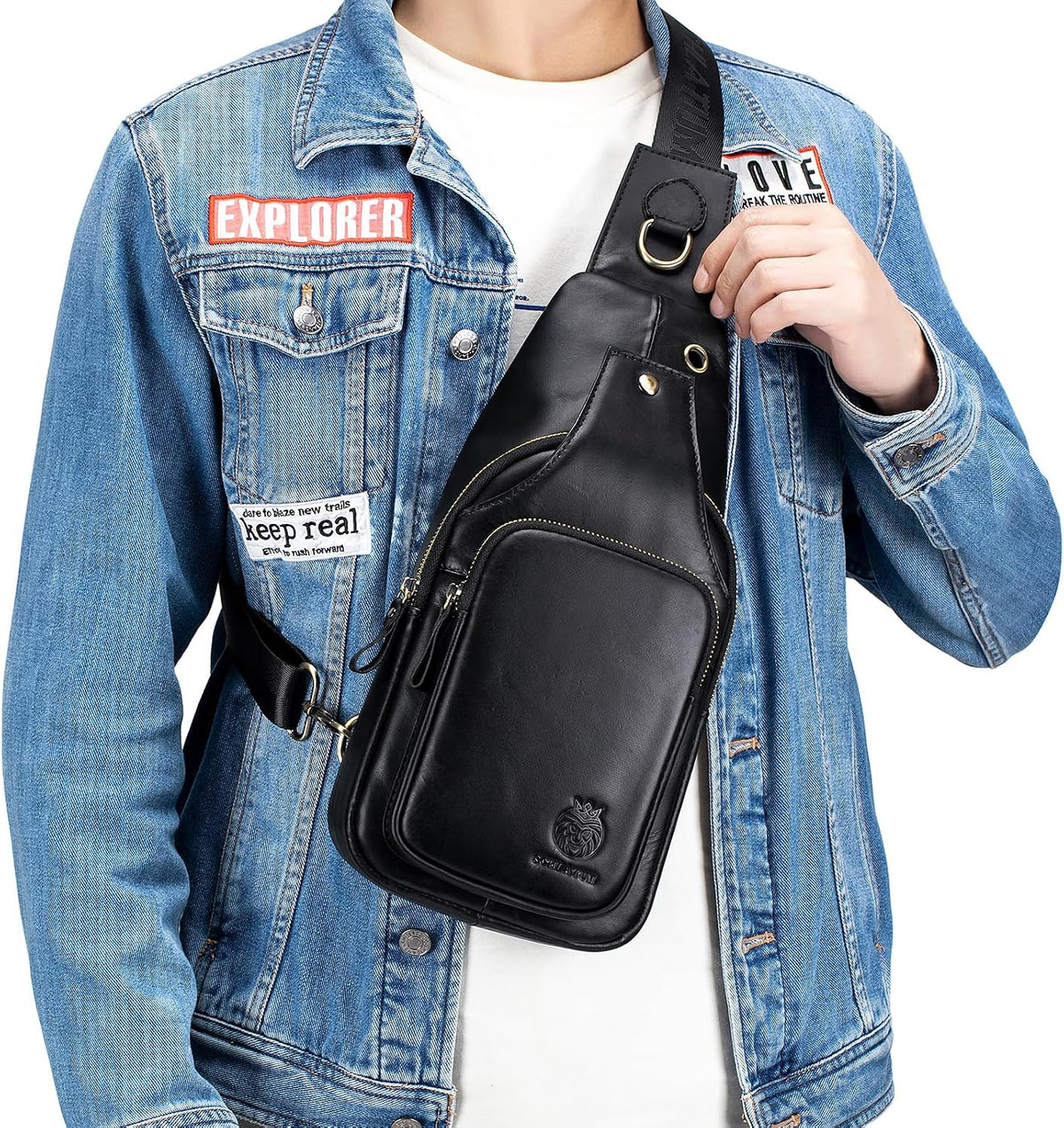 Mens Sling Bag Genuine Leather Crossbody Bags for Men Small Sling Chest Backpack Casual Man Bag Hiking Outdoor, Black