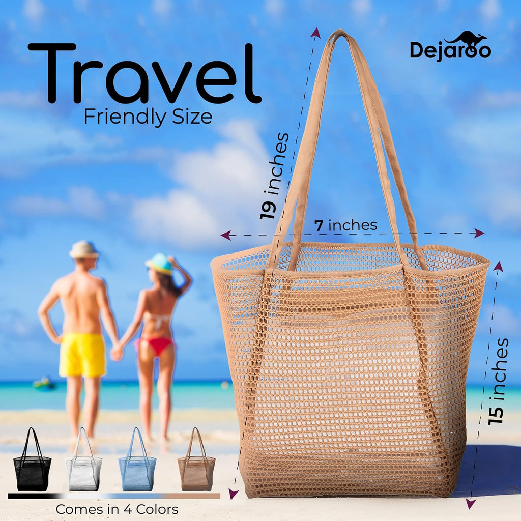 Dejaroo Lightweight Mesh Beach Bag - Beach Tote Bag with Thicker and Softer Straps - Packable Beach Bag with Inner Zipper