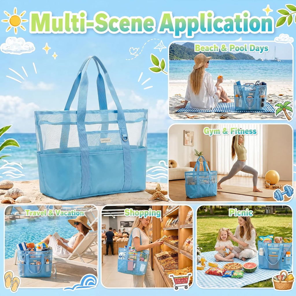 Iridescent Mesh Beach Bag with Zipper, 14 Pockets Large Beach Tote Bag