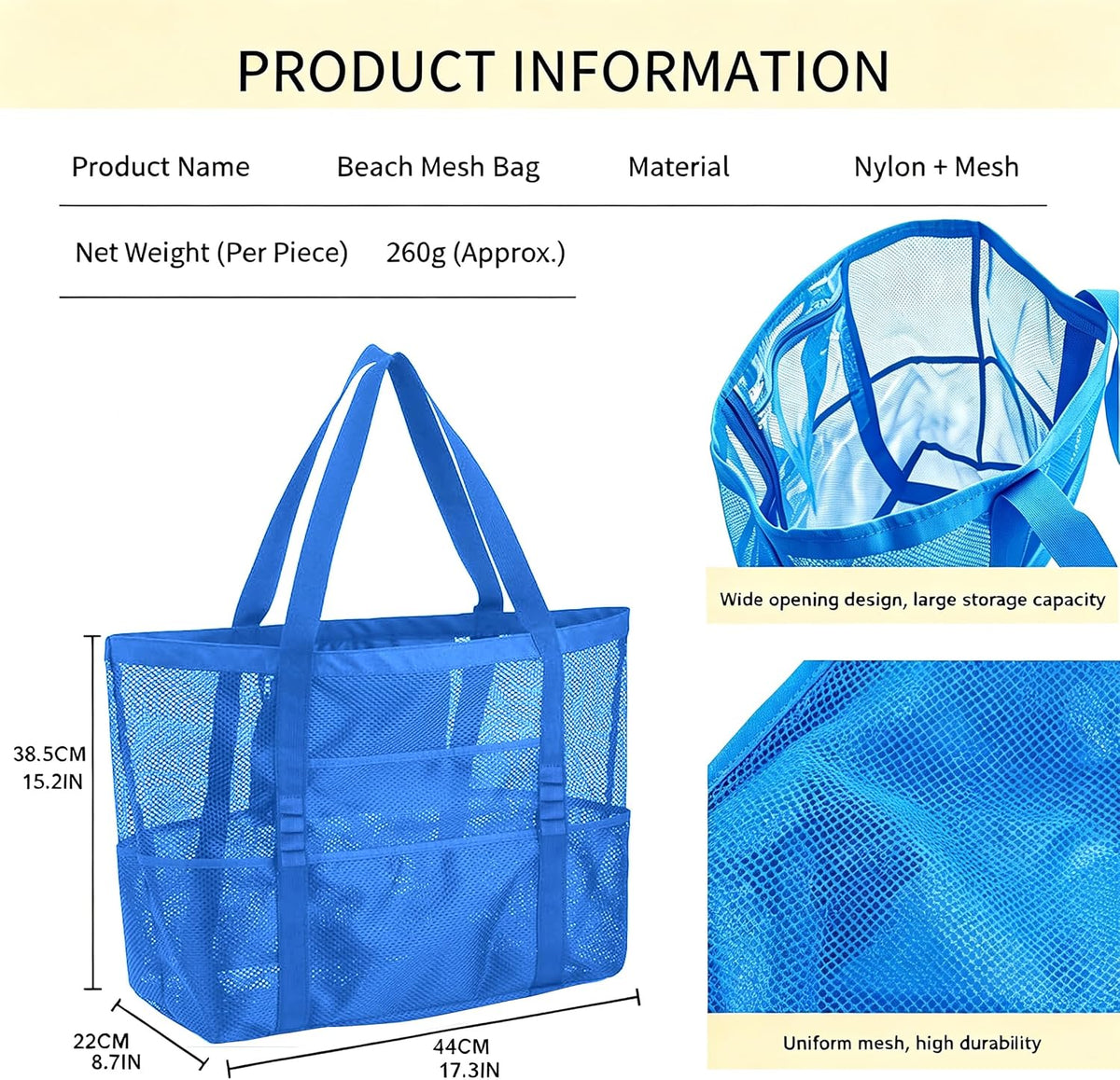 SUPACOOL Large Mesh Beach Bag for Men and Women, Beach Tote Bag for Family,Pool bag, with a Waterproof Zipper Pocket