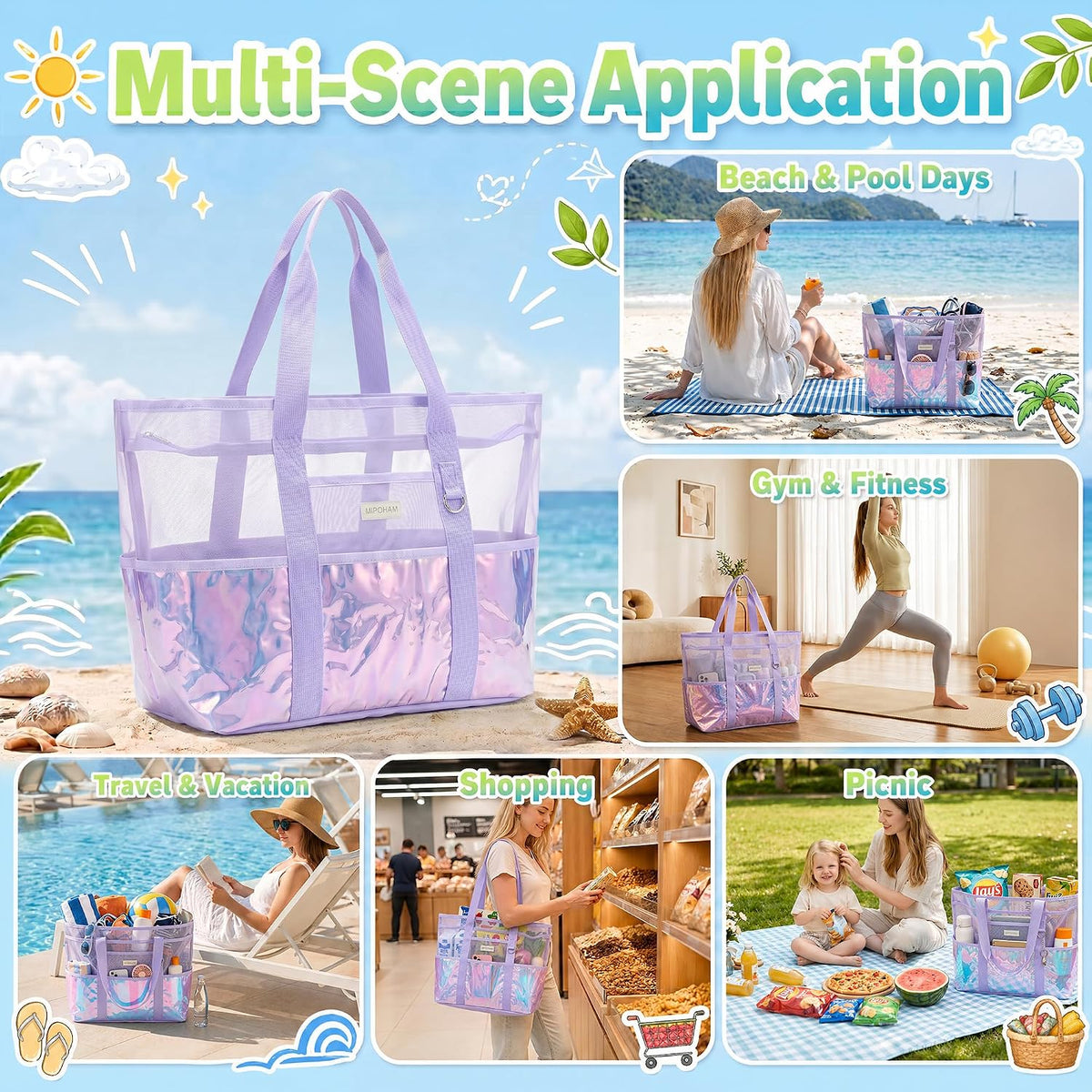 Iridescent Mesh Beach Bag with Zipper, 14 Pockets Large Beach Tote Bag
