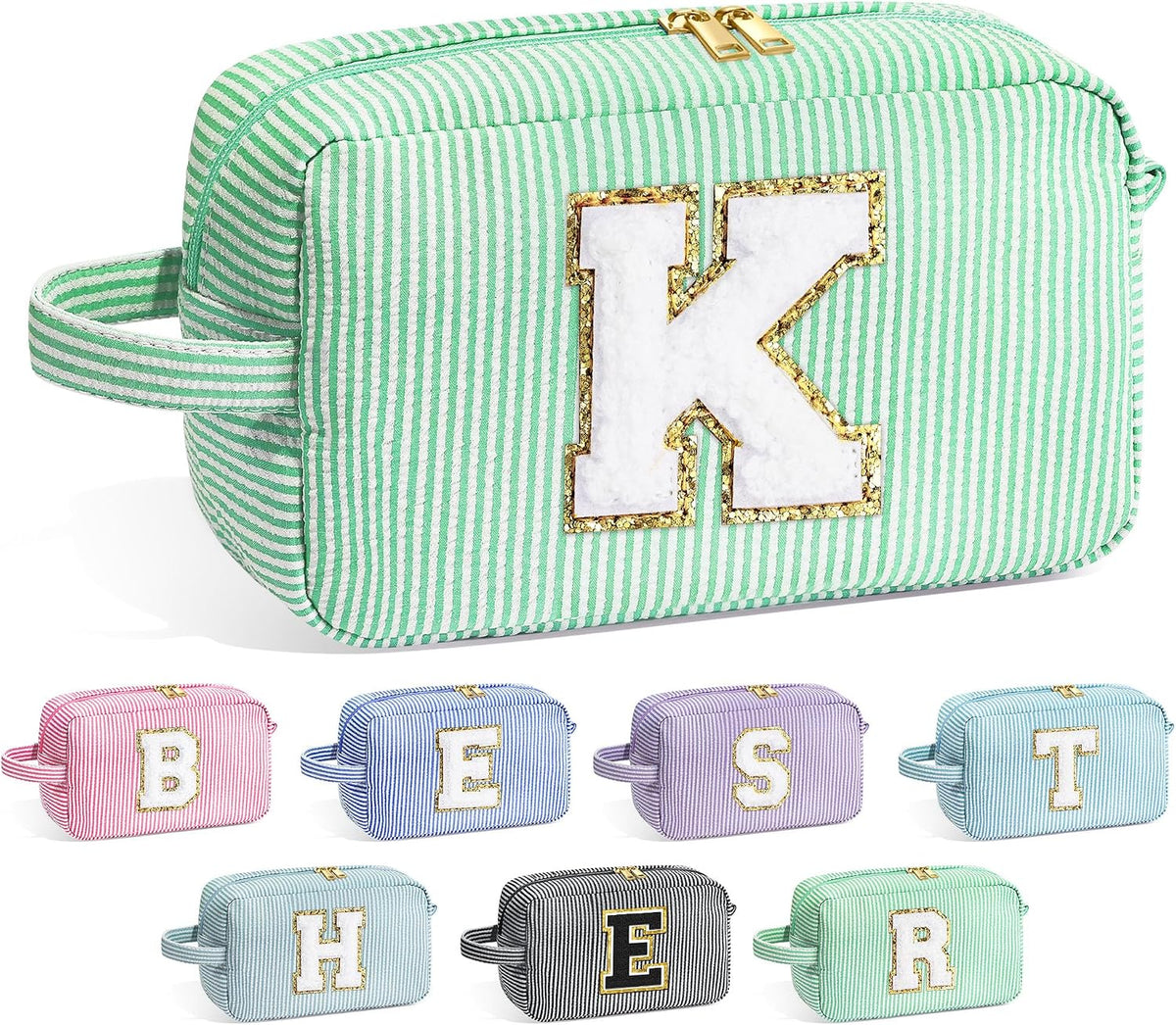 YOOLIFE Gifts for Women Teen Girls Kids - Initial Makeup Bag Cosmetic Case Toiletry Pouch, Birthday Gifts for Women Friends Sister Teacher, Light Green K