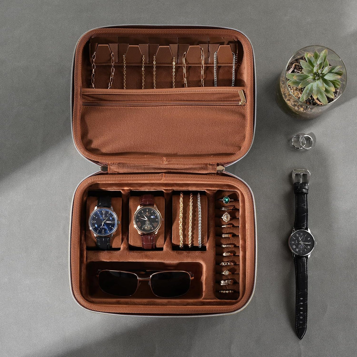 ProCase Mens Travel Jewelry Case, Jewelry Box & Organizer for Men -Brown