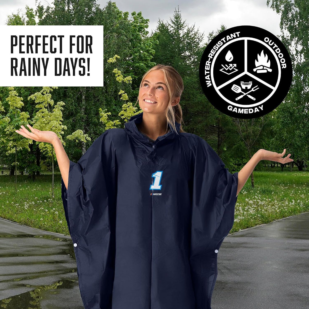 Northwest NASCAR Rain Poncho, Water Resistant Hooded Pullover with Mesh Bag, Lightweight Adult Stadium Gear, 44 x 49 in