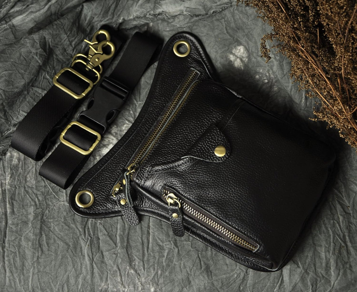 Le'aokuu Mens Genuine Leather Outdoor Sporting Hiking Waist Hip Pack Messenger Shoulder Drop Leg Thigh Bag Pouches For Women (211-5 01 Black)