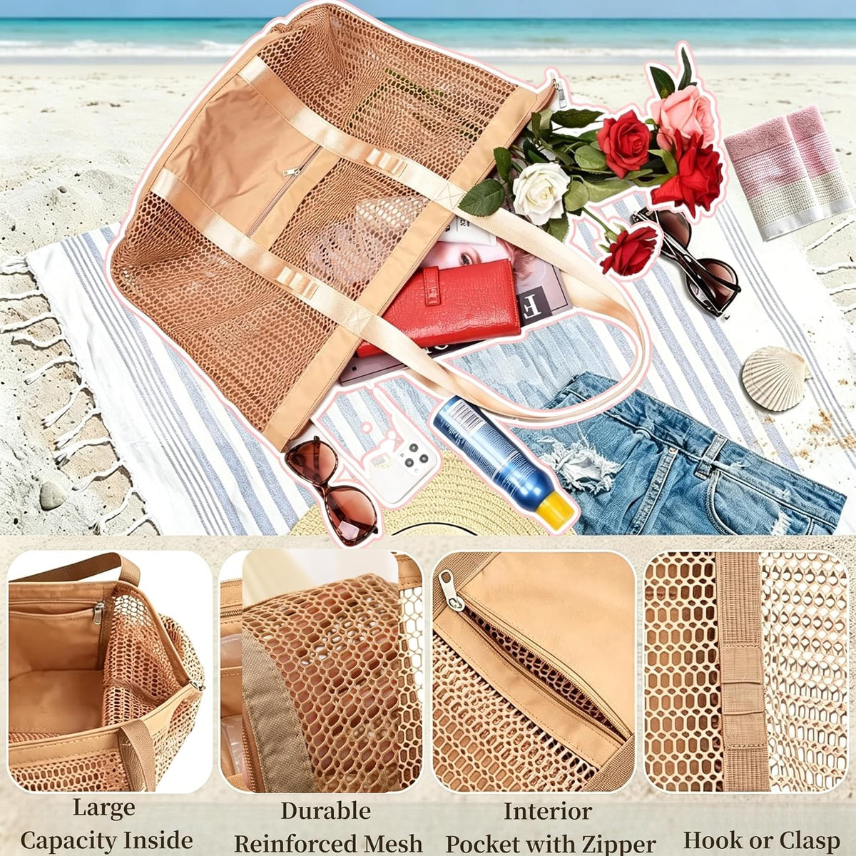 Large Mesh Beach Tote Bag for Women, Foldable Lightweight Swimming Pool Bag with Zipper Top, 2 Waterproof Zipper Pockets, 16L Multi Purpose Travel Gym Shopping Cruise Carry Bag, Brown Solid