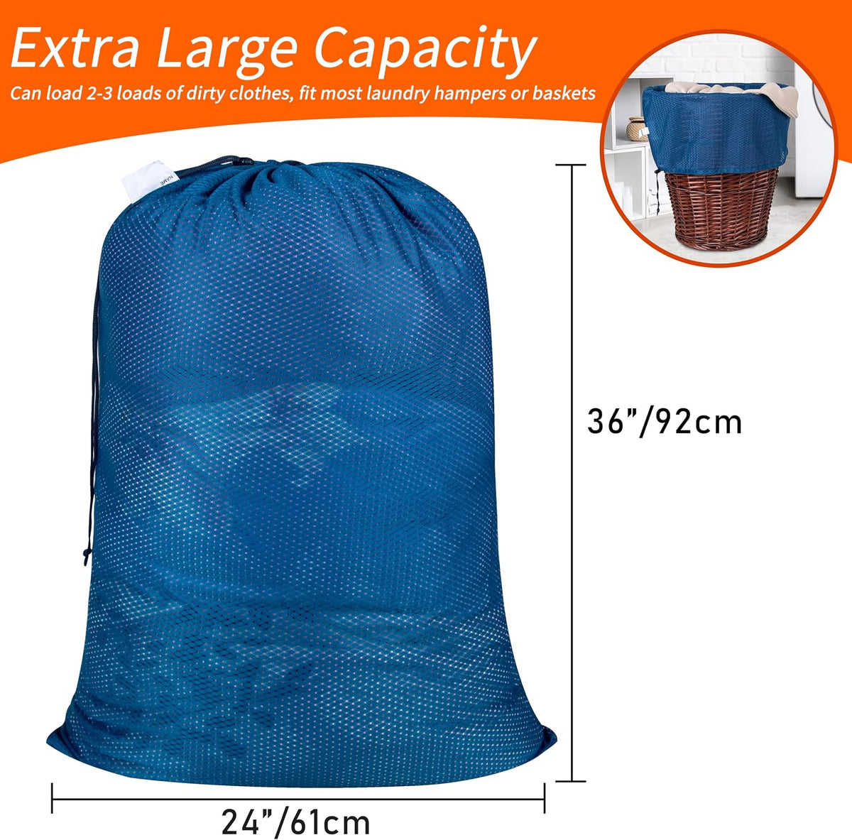 Polecasa Extra Heavy Duty Diamond Large Mesh Laundry Bag, 24x36", Blue