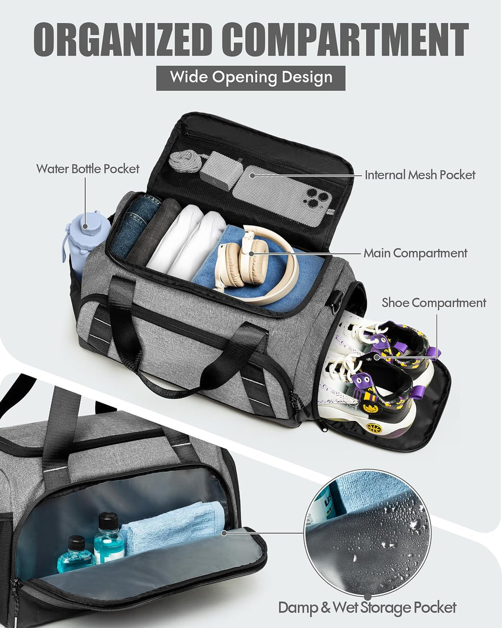 Small Gym Bag for Men, Travel Duffle Bag with Shoe Compartment