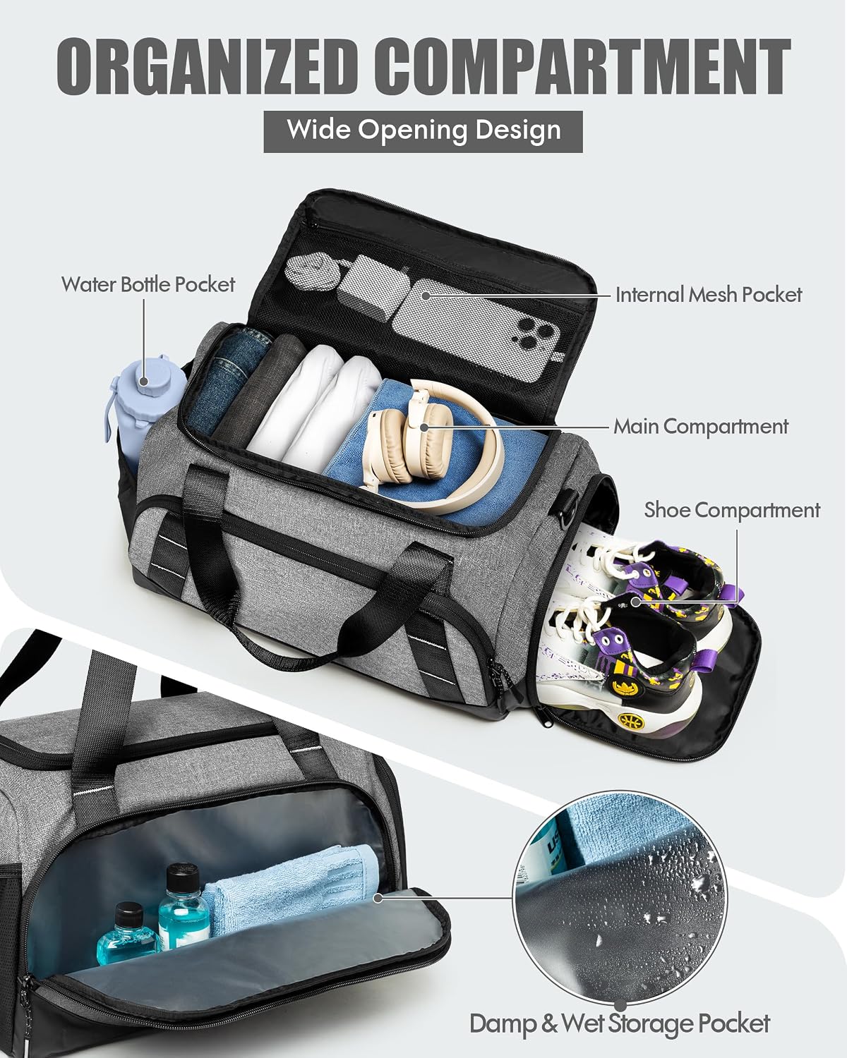 Small Gym Bag for Men, Travel Duffle Bag with Shoe Compartment