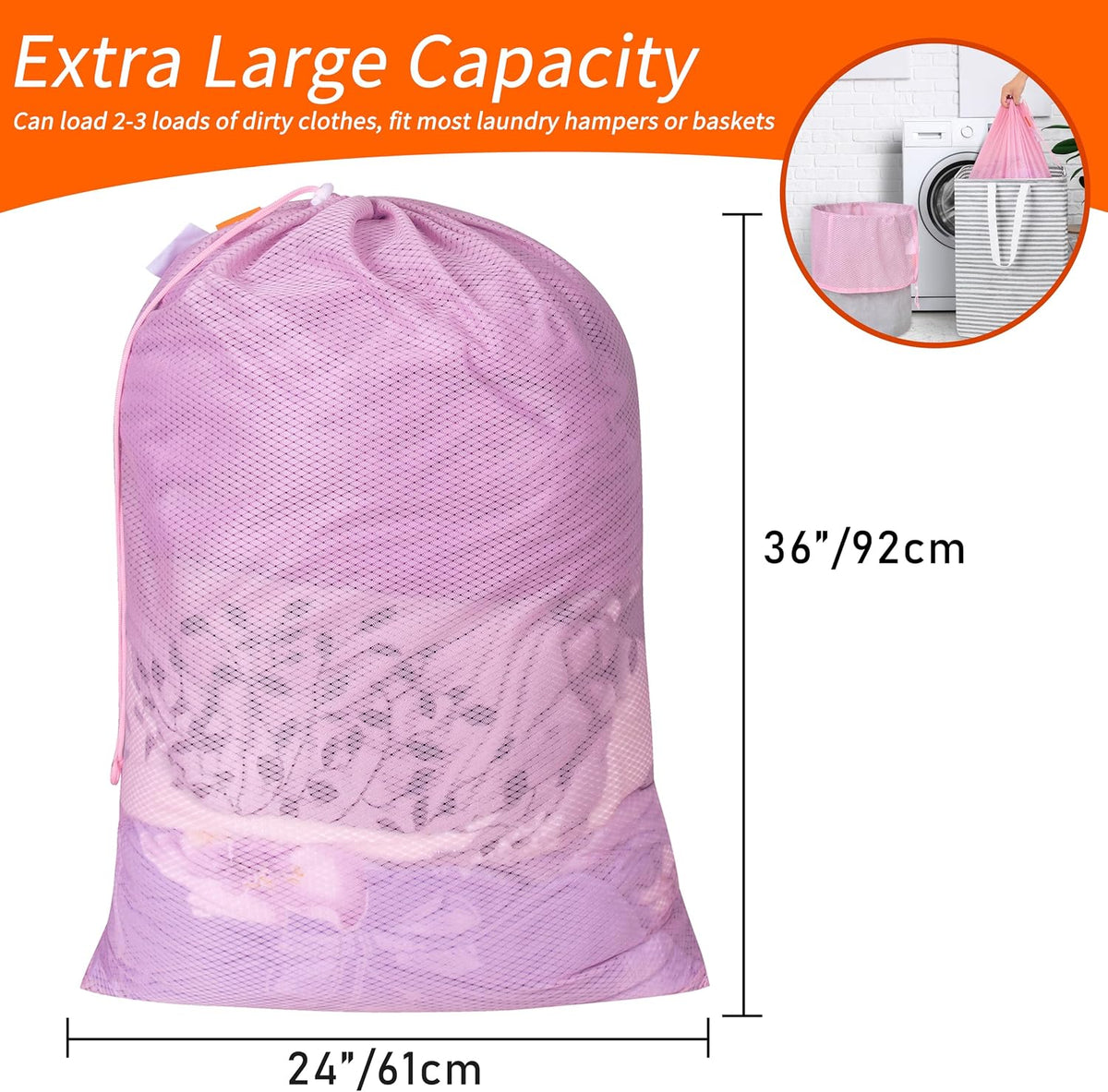 Polecasa 2 Pack Heavy Duty Diamond Mesh Laundry Bag, 24x36", Pink