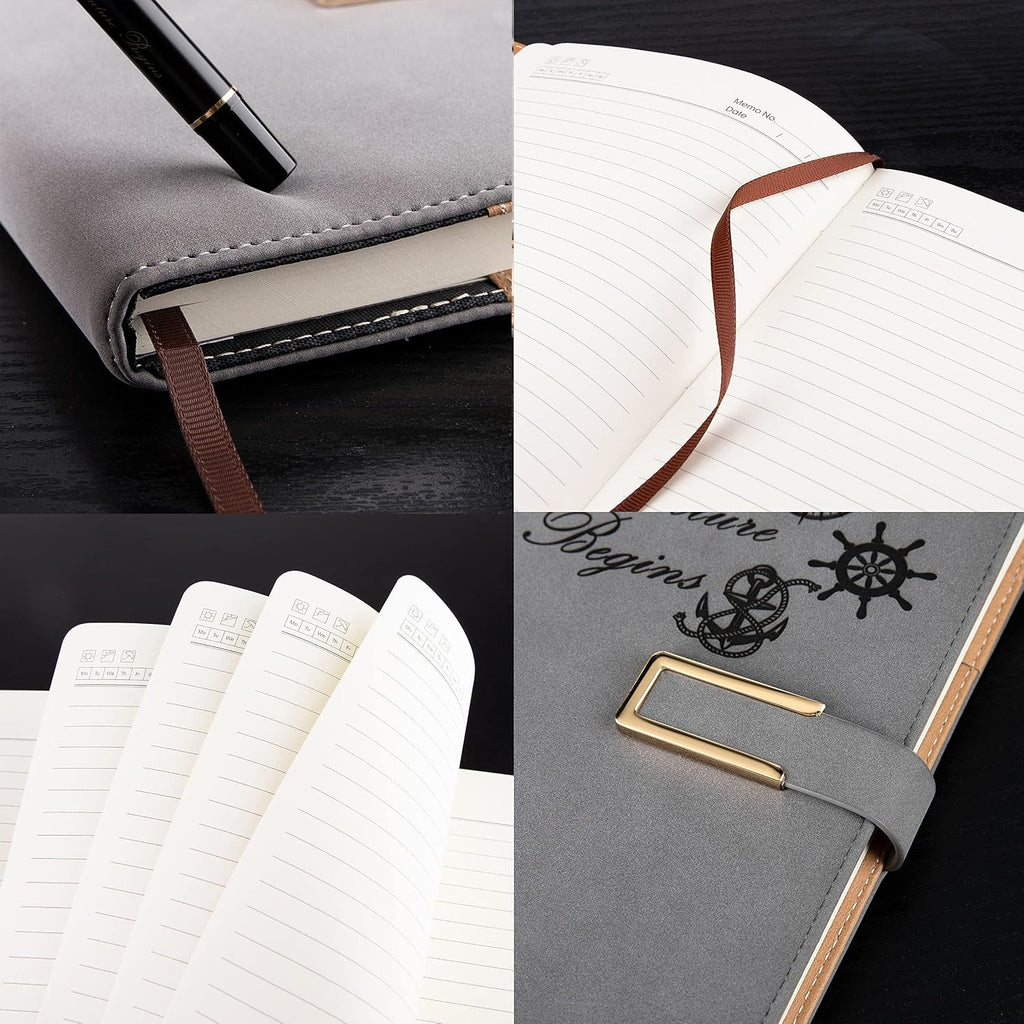 Fanery Sue Refillable Adventure Writing Journal For Men & Women Faux Leather Hardcover Notebook A5 College Ruled 200 Lined Pages Lay-Flat Personal Diary With Pen & Magnetic Buckle （Adventure - Grey