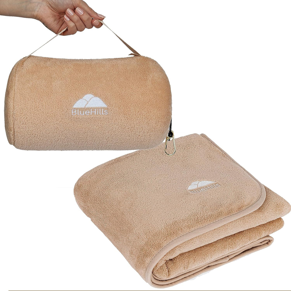 BlueHills Rolled Travel Blanket Pillows for Two Value Pack Set of 2 – Airplane Travel Essentials Soft Flight Trips Throws in Portable Cases for Car Plane Travel Gifts - Beige and Navy Blue