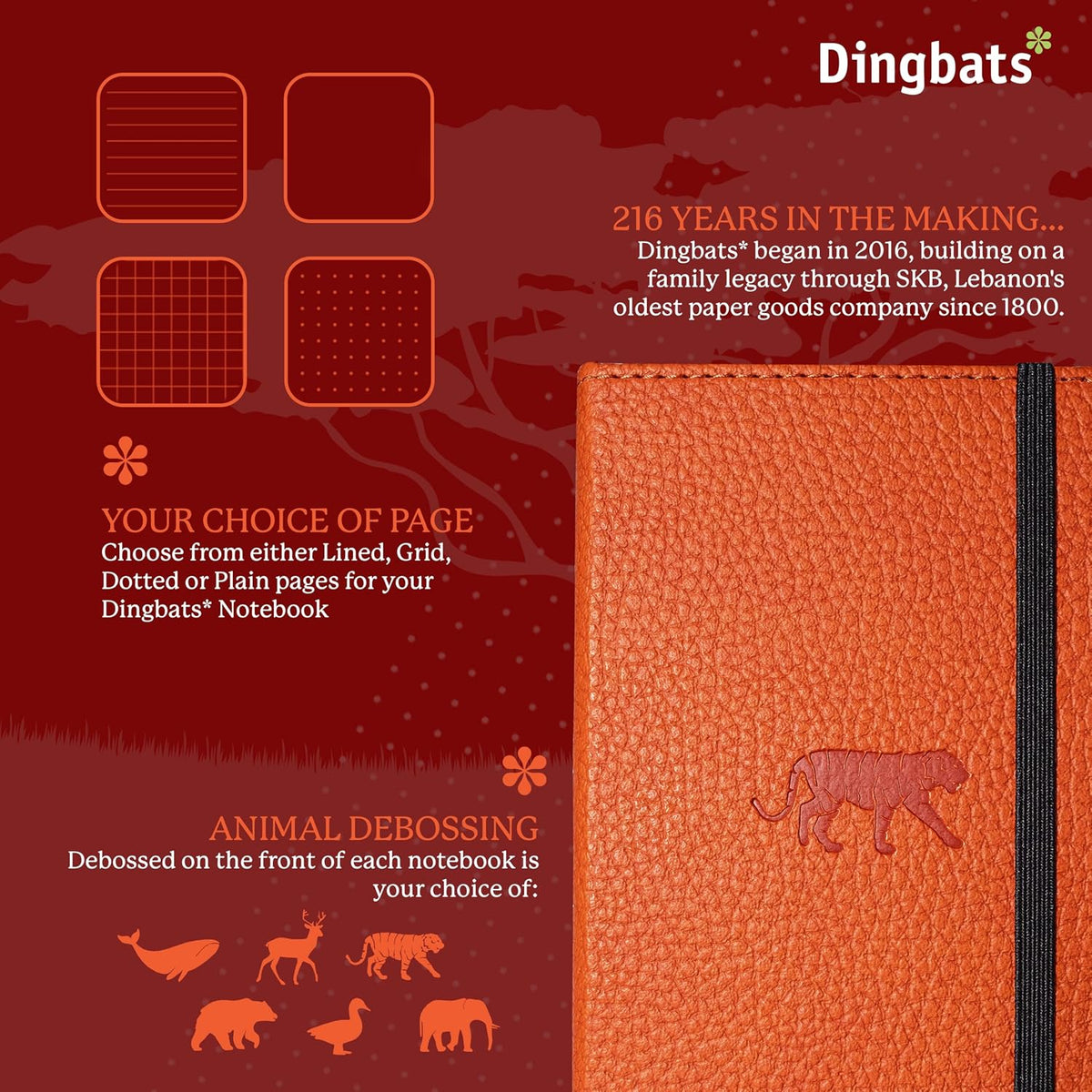 Dingbats* - Wildlife A6 Grid Pocket Notebook - PU Leather Hardcover Small Journal for Work, Travel - Pocket, Elastic Closure, Pen Holder, Bookmark