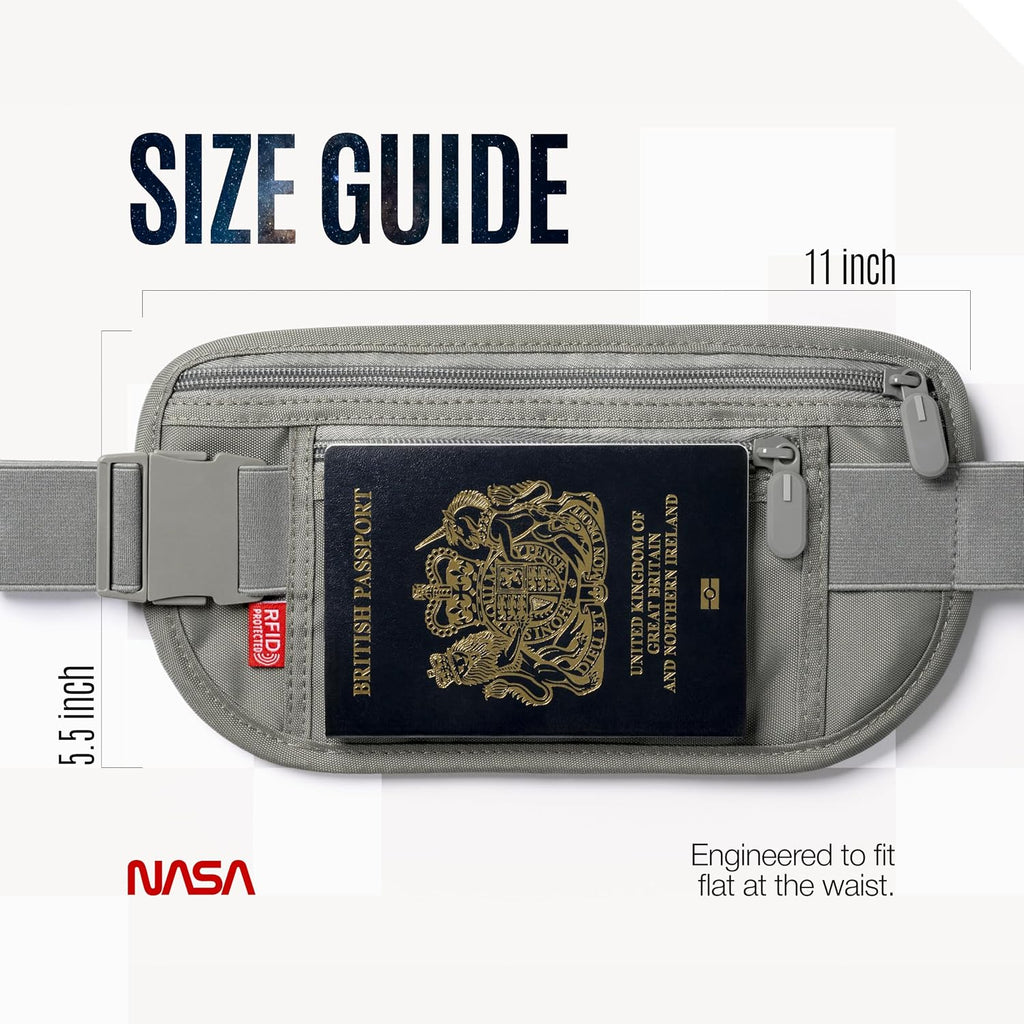 NASA Money Belt for Travel – Ultra-Flat, Anti-Theft RFID (Lunar Grey)