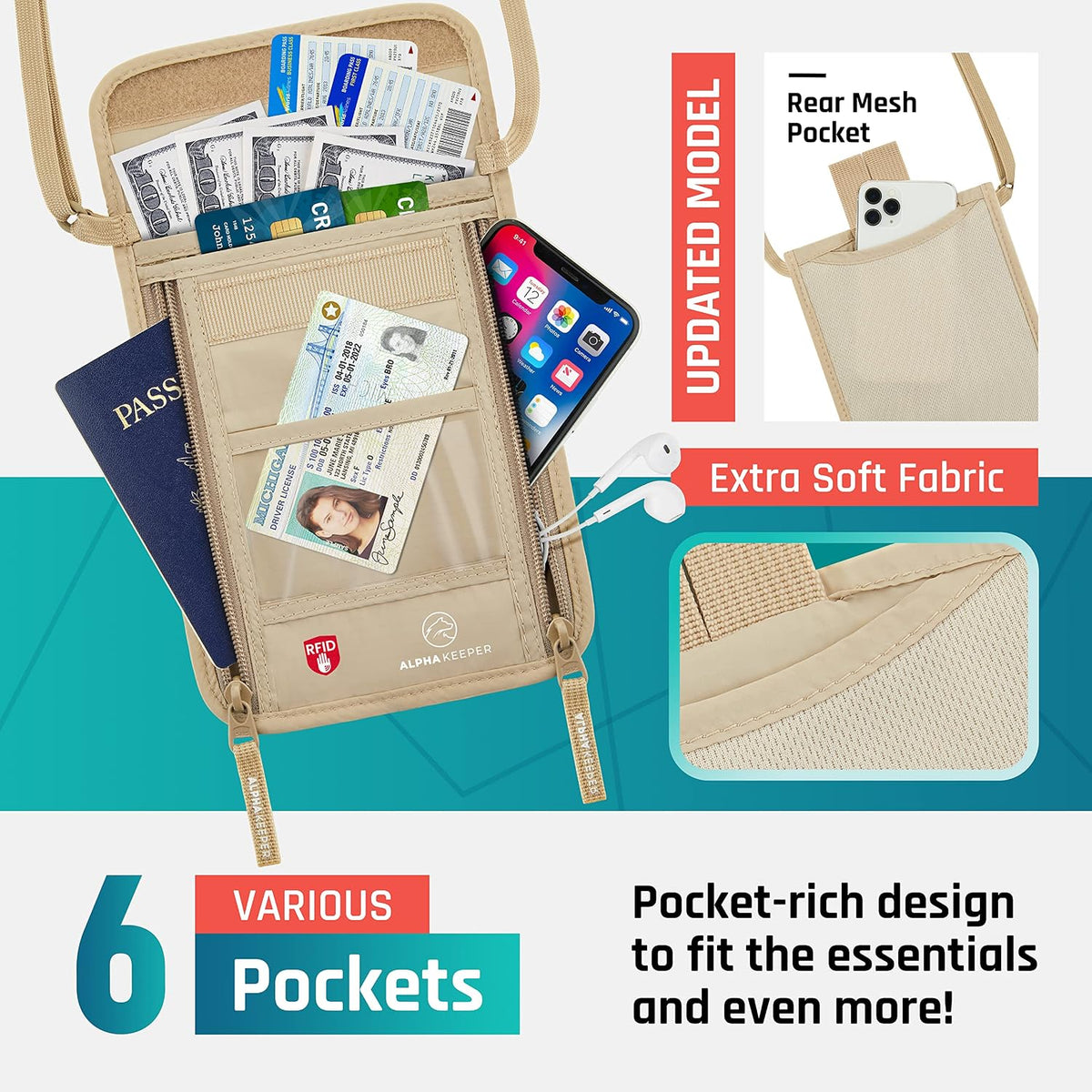 Alpha Keeper Neck Wallet, Travel Pouch For Passport Holder And Documents, RFID Blocking, Beige, Unisex Adult, Travelers, Adults