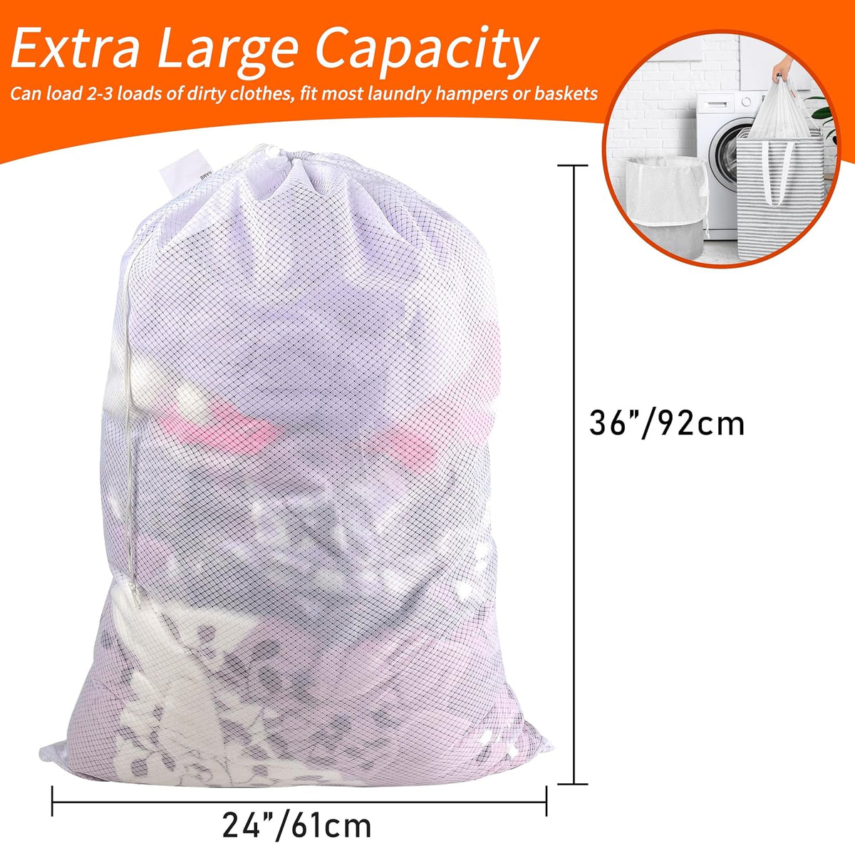 Polecasa 2 Pack Heavy Duty Diamond Large Mesh Laundry Bag, 24x36", White