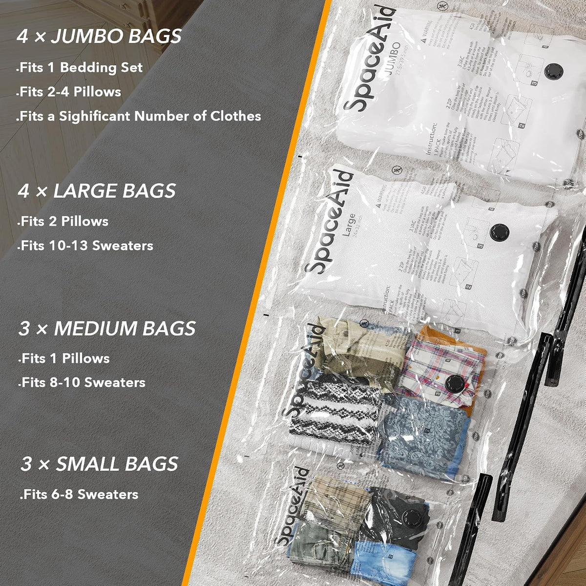 SpaceAid 14 Pack Vacuum Storage Bags with Electric Air Pump, Space Saver Sealer Compression Bags for Comforters, Blankets, Pillows, Bedding, Clothes (4 Jumbo/4 Large/3 Medium/3 Small)