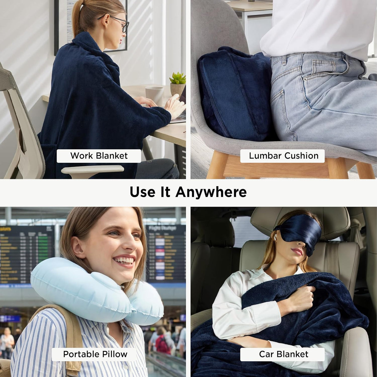 Bedsure Travel Blanket Set with Inflatable Neck Pillow and Eye Mask, Navy