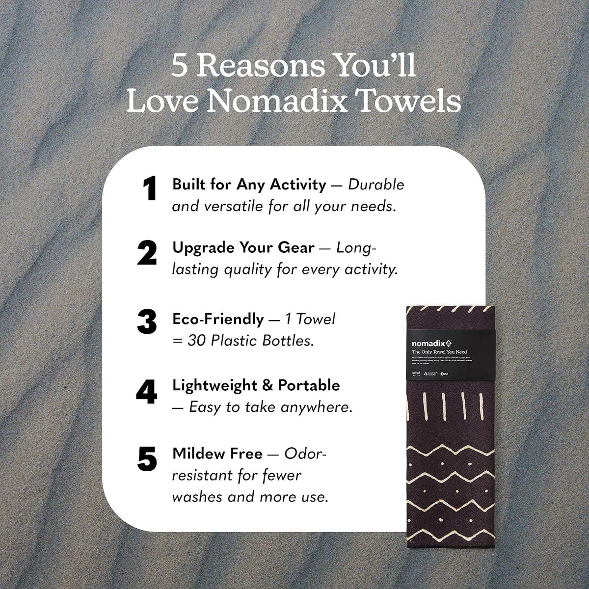 Nomadix Original Towel - Perfect for Beach, Pool, Travel, Camping, Yoga - Made with Recycled Materials - Super Absorbent - Sand Resistant - Mud Cloth - 72.5" x 30"