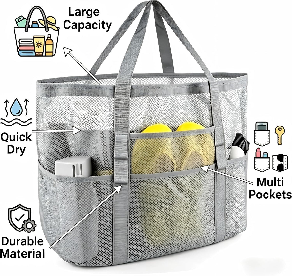Mesh Beach Tote Bag with Zipper, Sandproof Large Beach Bag for Women, Lightweight Grocery Shopping Bag for Pool, Gym, Travel.