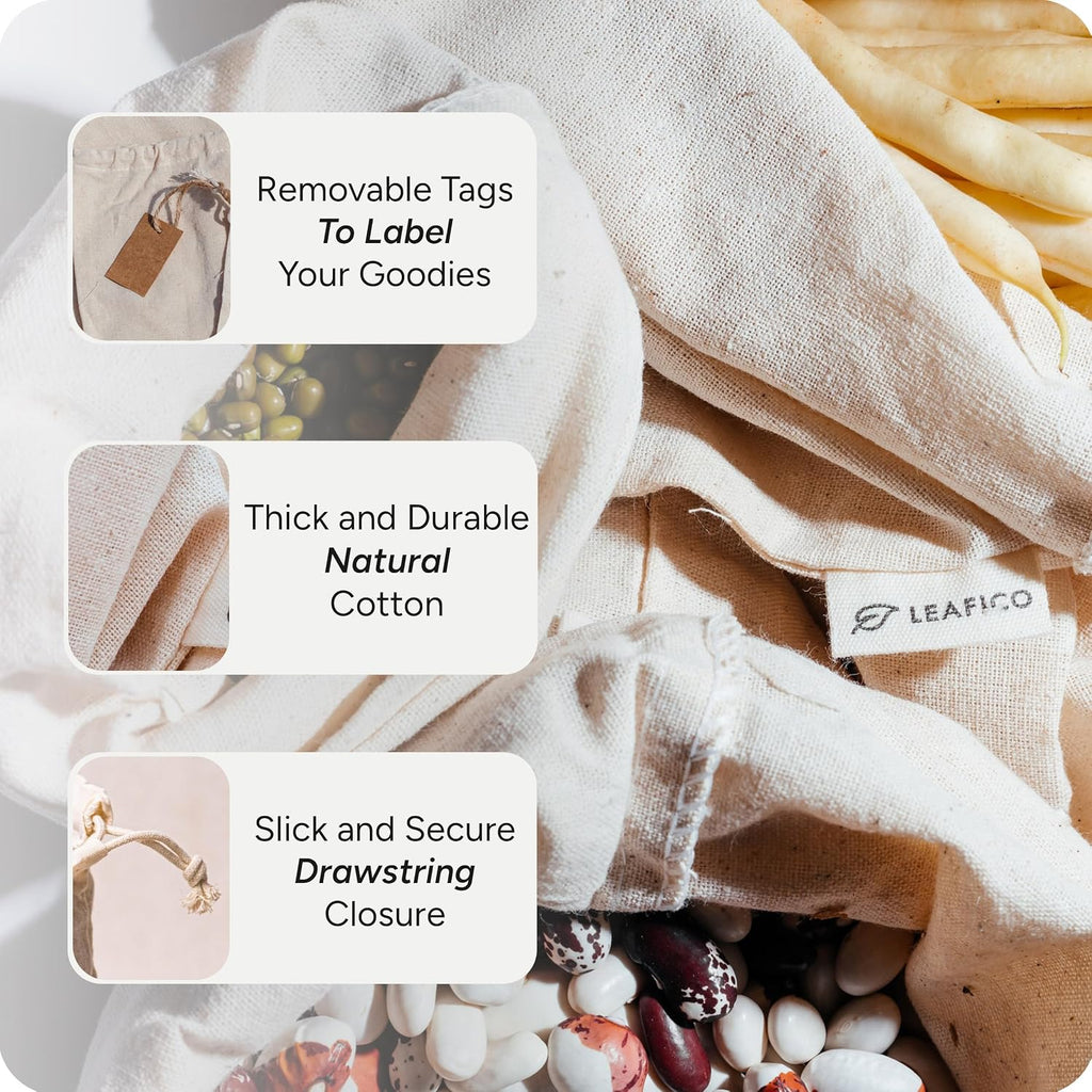 LEAFICO Multipurpose Eco Cloth Bags - Large 10x12 Inch (12 Pack) - Cotton Produce Storage Sacks - Muslin Drawstring Pouches for Vegetables - Bread Bags - Fabric Sachets