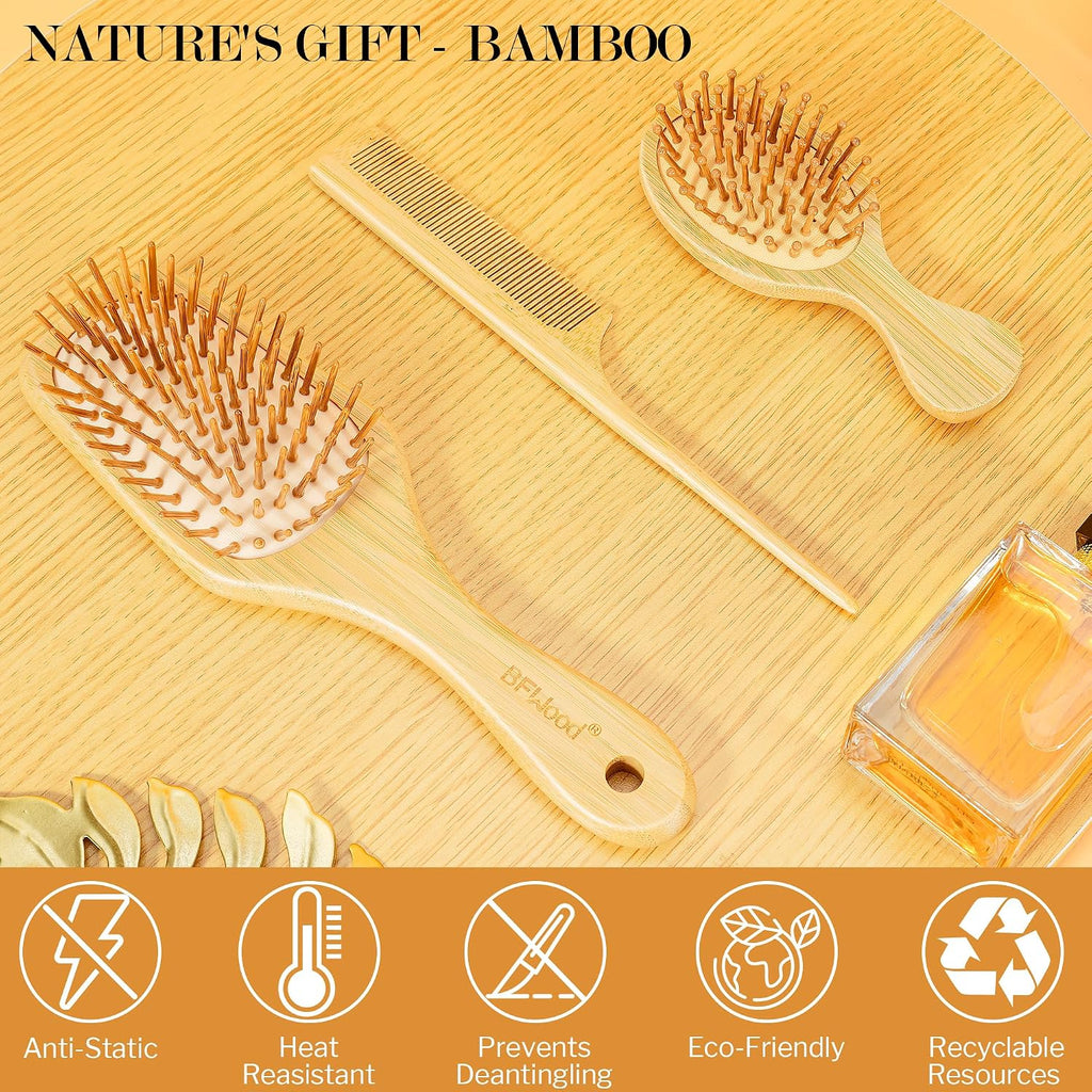 BFWood Bamboo Hair Brush Set, Wooden Detangling Hairbrush for Travel