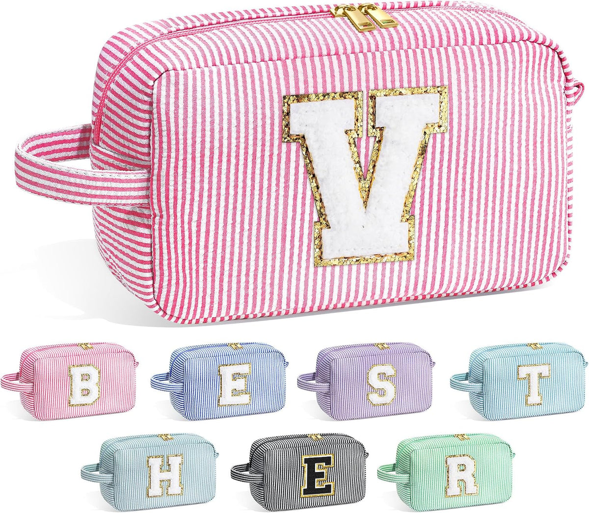 YOOLIFE Initial Makeup Bag for Women - Monogram Cute Makeup Bag Cosmetic Case Toiletry Pouch for Women Her Best Friend Sister Teacher, Personalized Birthday Gifts for Women, Pink V