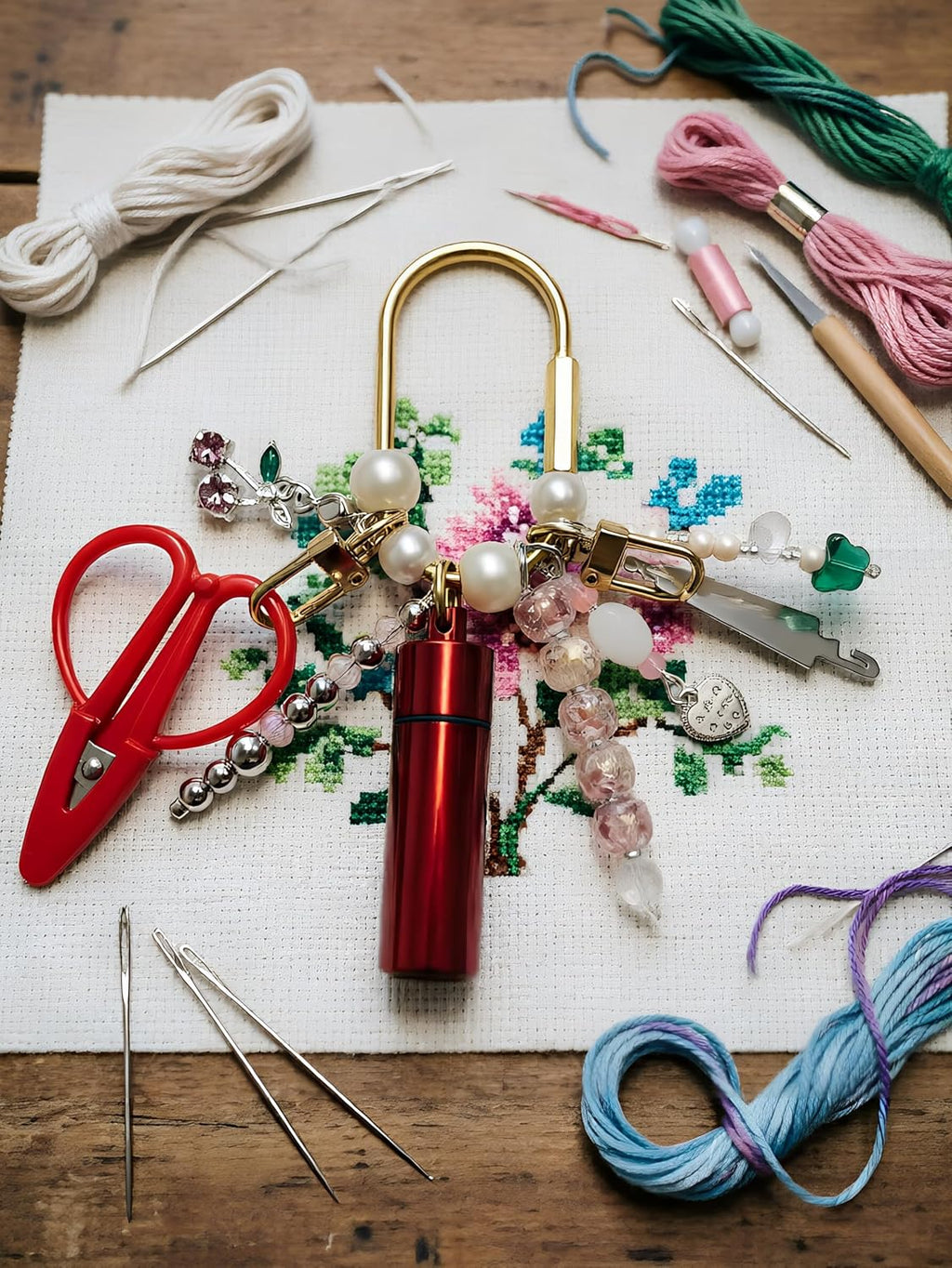 MEYAGO Needlepoint Bag Charm Tool Kit with Mini Embroidery Scissors, Needle Threader, Needle Holder Tube & Gold Keyring, Portable Embroidery Accessories for Cross Stitch Sewing DIY Crafts (Red)