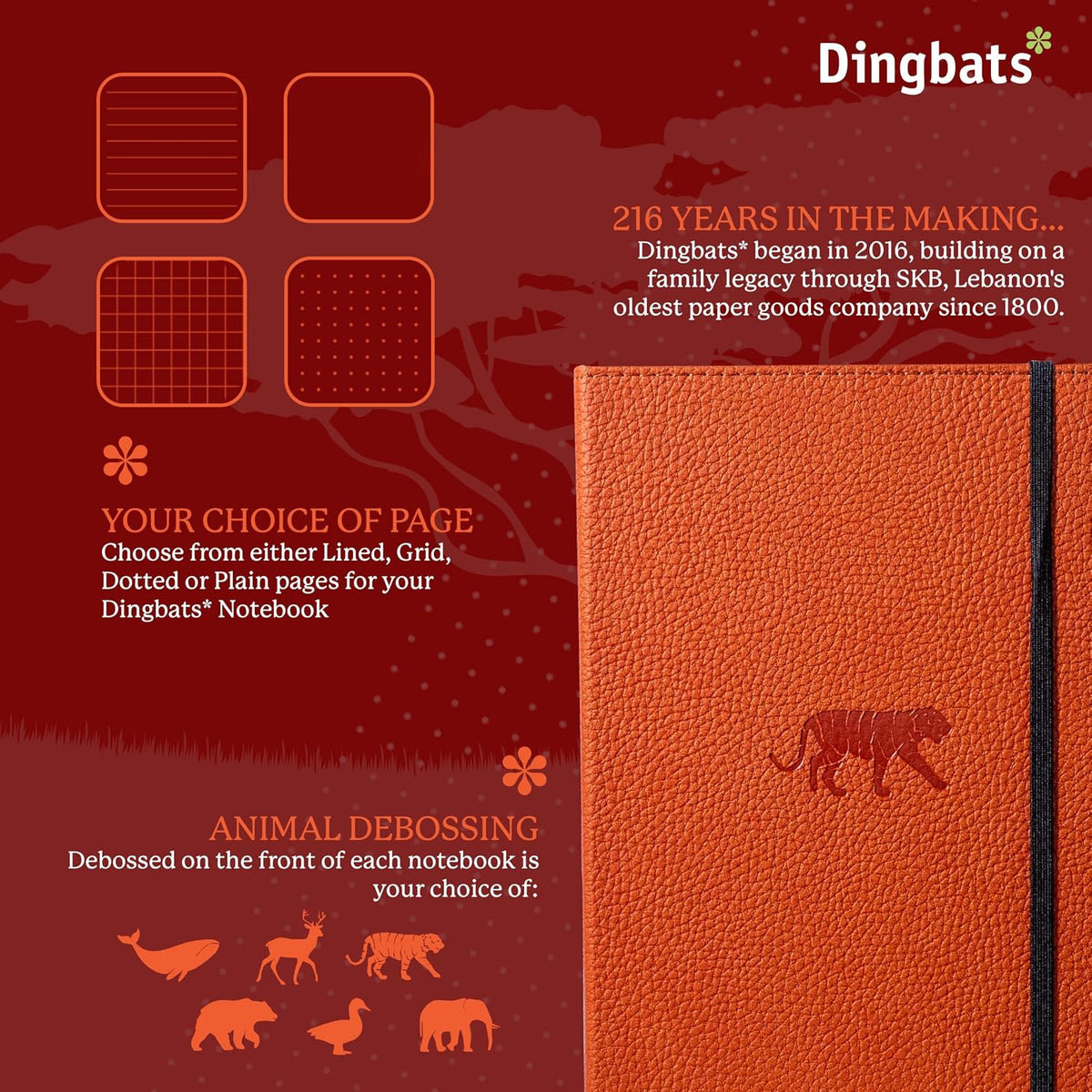 Dingbats A5 Wildlife Dotted Notebook Journal - Premium Vegan Leather Hardcover Executive Journal for Women & Men - Work, Note Taking, Writing & Travel