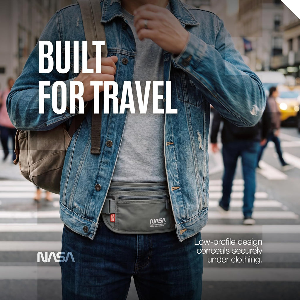 NASA Money Belt for Travel – Ultra-Flat, Anti-Theft RFID (Lunar Grey)