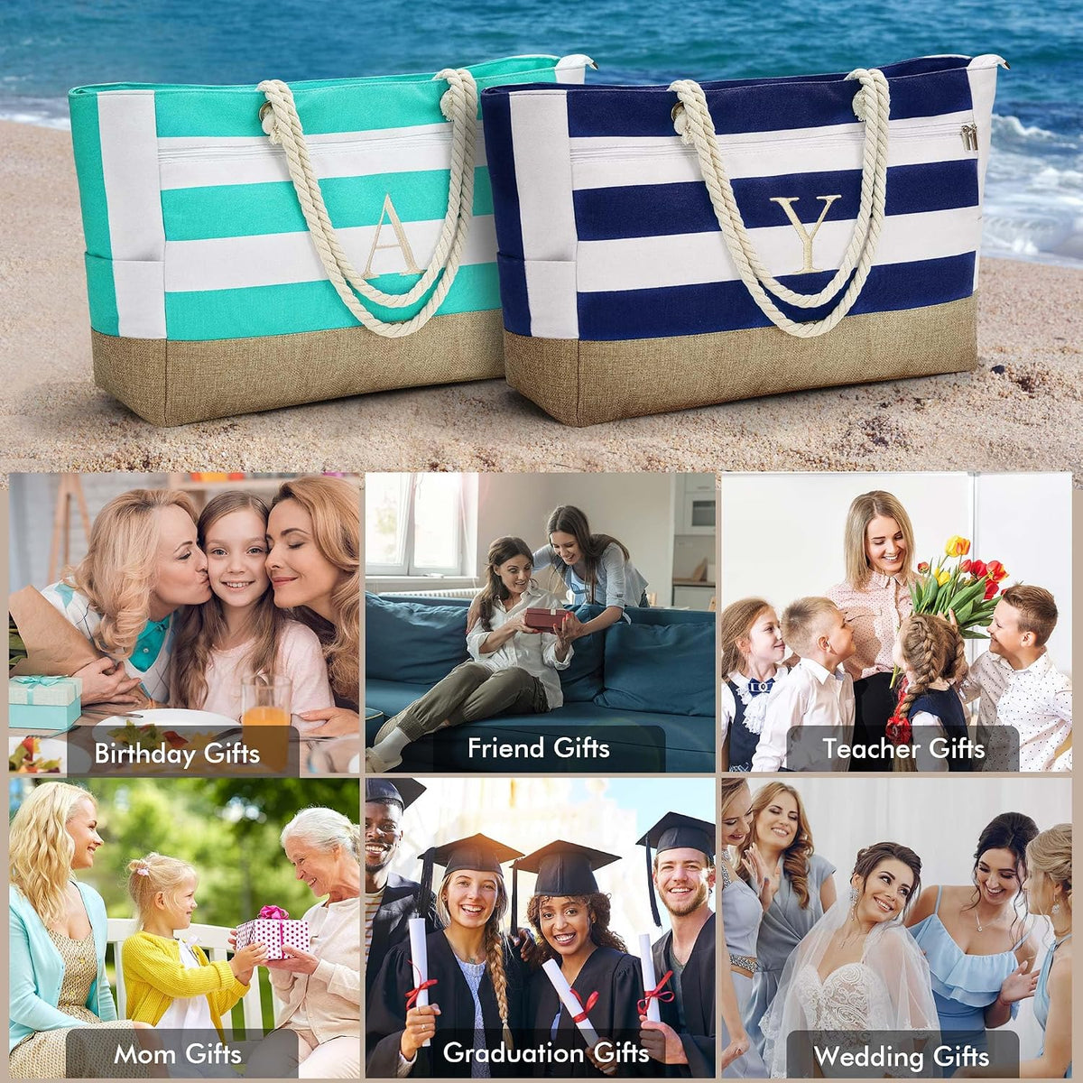 YOOLIFE Initial Beach Bag Waterproof Tote, Gifts for Women Her Birthday
