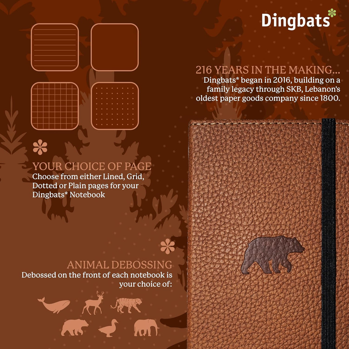 Dingbats* Wildlife A6 Dotted Pocket Notebook - PU Leather Hardcover - Small Writing Journal for Work, Travel - Pocket, Elastic Closure, Bookmark
