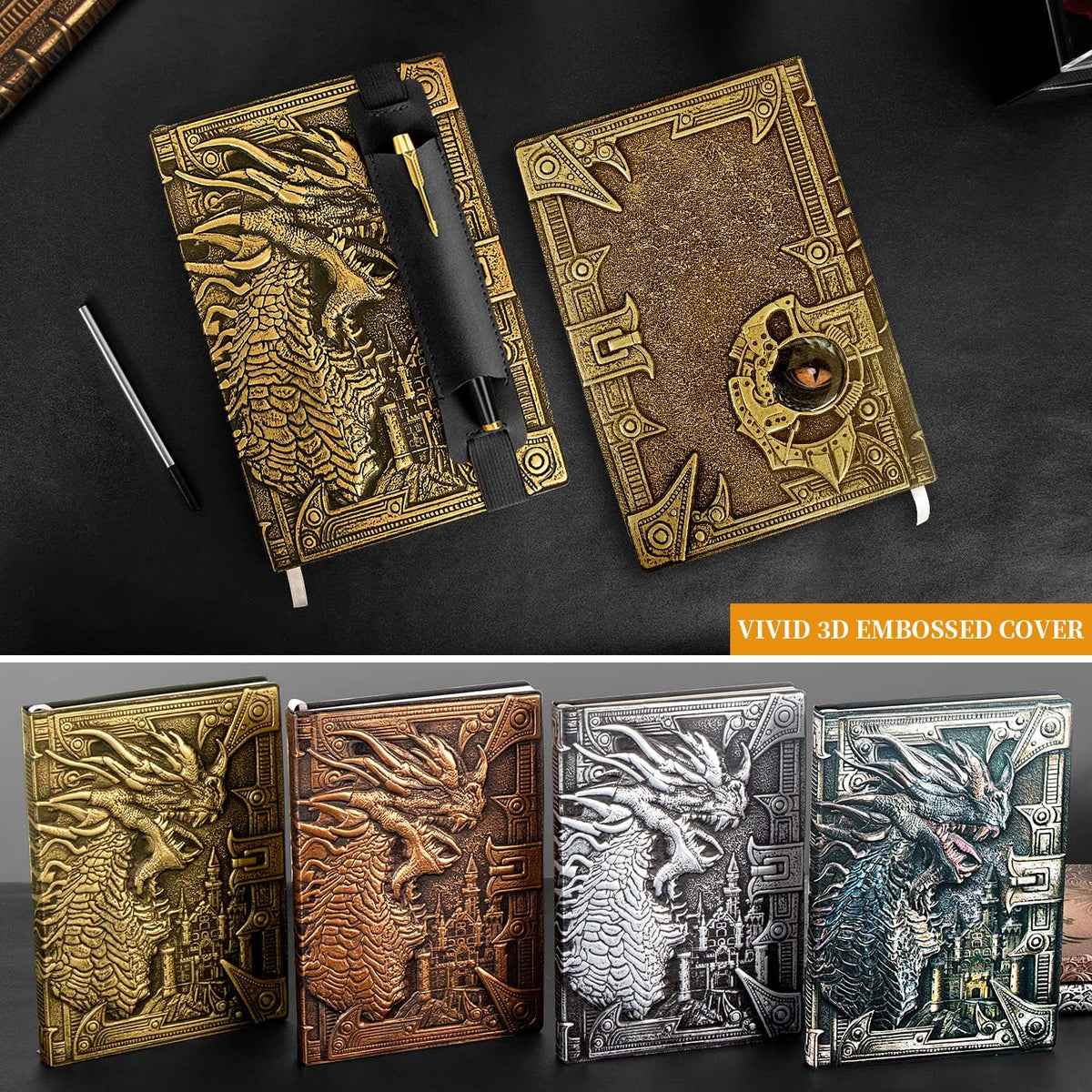 DND Dungeon and Dragon Notebook 3D Embossed Leather Dragon Journal with Black Ballpoint Pen &Pen Sleeve,A5 Vintage Travel Diary D&D Writing Notebook for Hardcover Journal Women&Men (Bronze)