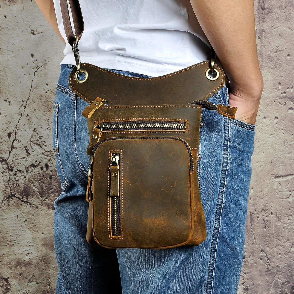 Le'aokuu Mens Genuine Leather Outdoor Sporting Hicking Waist Hip Pack Messenger Shoulder Drop Leg Thigh Bag Pouches For Women G1011 (G1011 0 Brown)