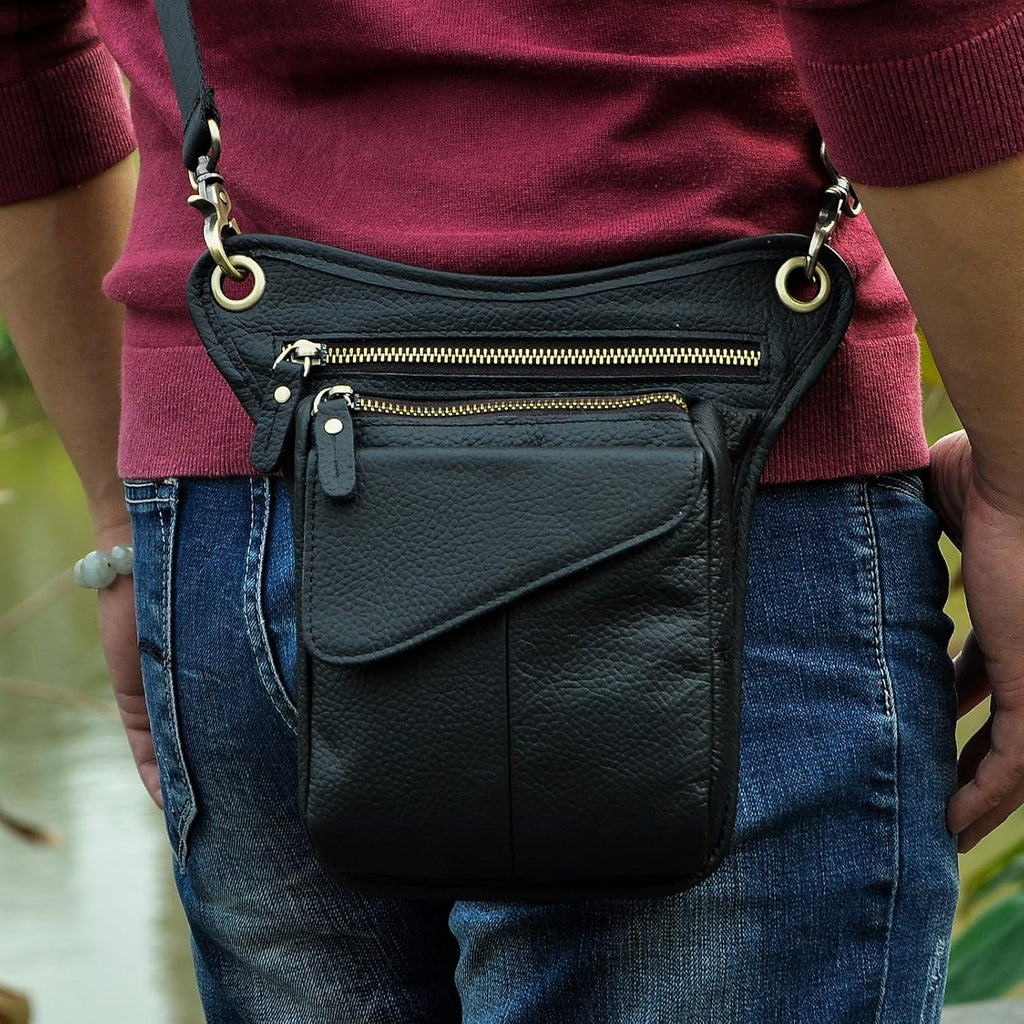 Le'aokuu Mens Genuine Leather Messenger Hiking Waist Hip Bum Pack Drop Leg Bag 211-3