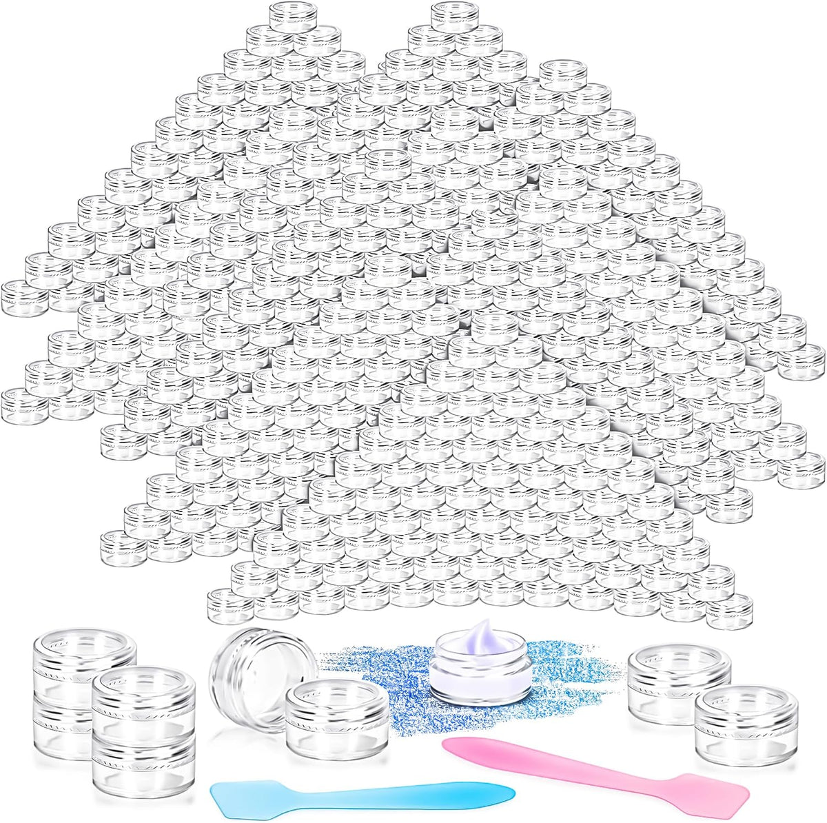 200 Pack 5g Plastic Jars with Lids, 5ml Round Clear Cosmetic Containers Makeup Jars, 5gram Travel Size Container Jar with Spatulas for Makeup Sample Lotion Cream Ointment Salve Balm Powder