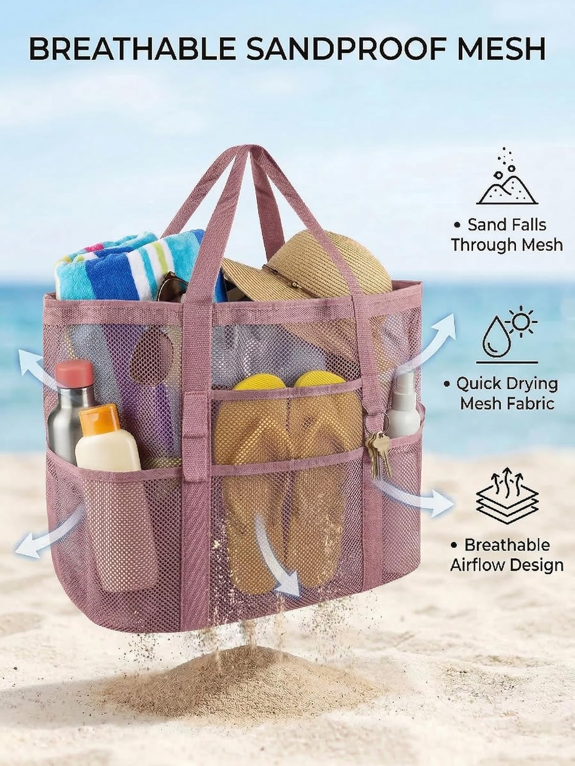 Mesh Beach Bag with 9 Pockets for Family Pool Days and Travel