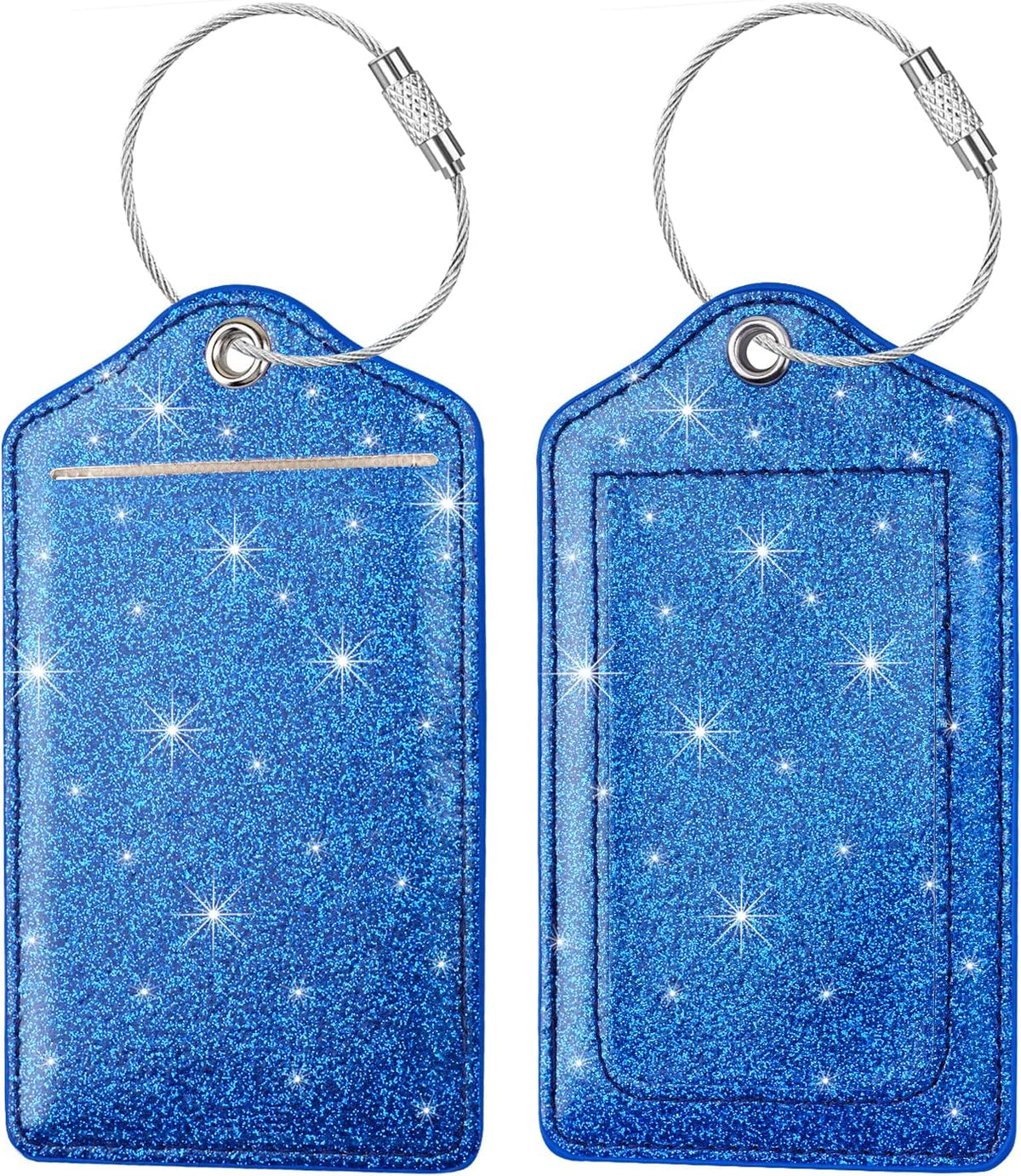 (Set of 2) Luggage Tag Leather Privacy Cover ID Label Address Card with Stainless Steel Loop, Travel Bag Tags Suitcase Labels, Glitter Dark Blue