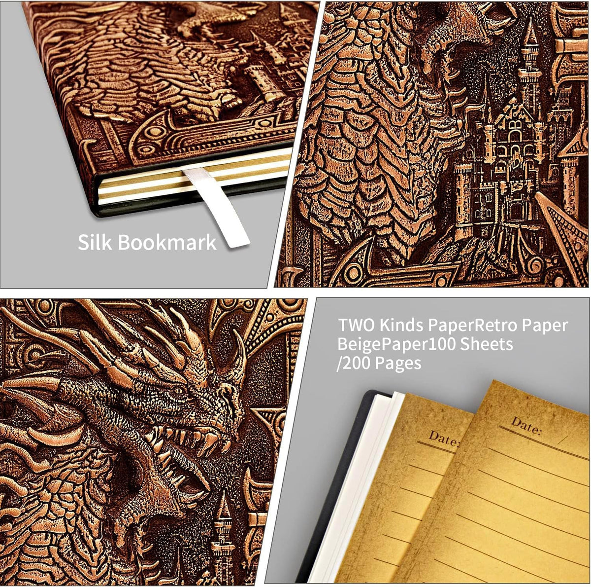DND Dungeon and Dragon Notebook 3D Embossed Leather Dragon Journal with Black Ballpoint Pen &Pen Sleeve,A5 Vintage Travel Diary D&D Writing Notebook for Hardcover Journal Women&Men (Red Copper)