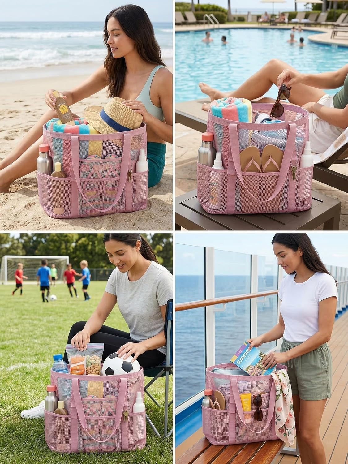 Mesh Beach Bag with 9 Pockets for Family Pool Days and Travel