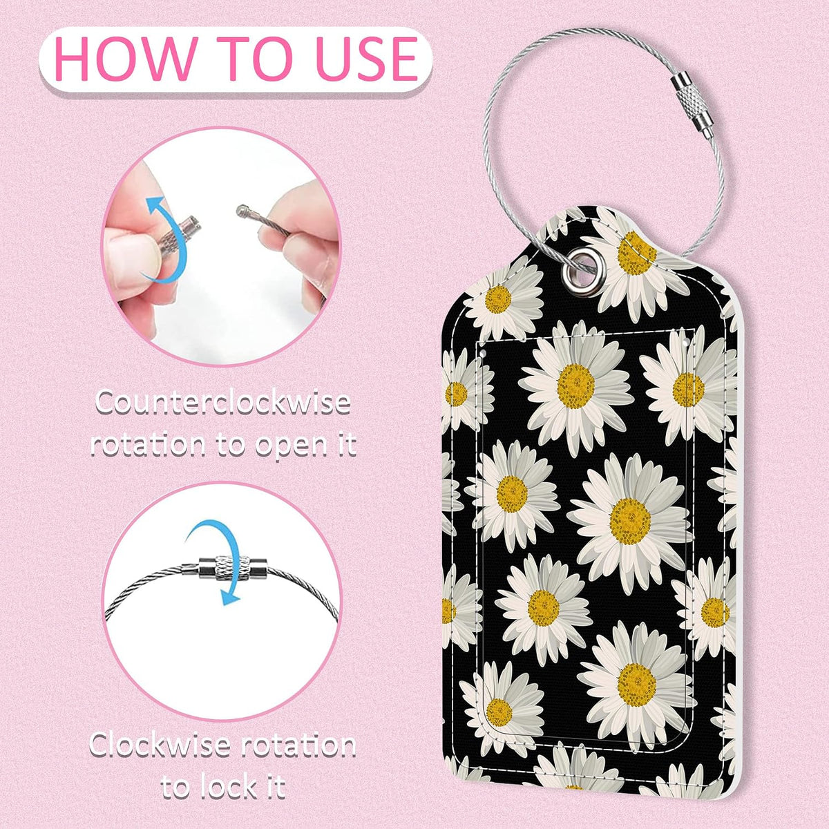 2 Pack Luggage Tag for Suitcase,Daisy PU Leather Suitcase Tags Identifiers with Privacy Name Address Labels and Steel Loop for Women Men Travel