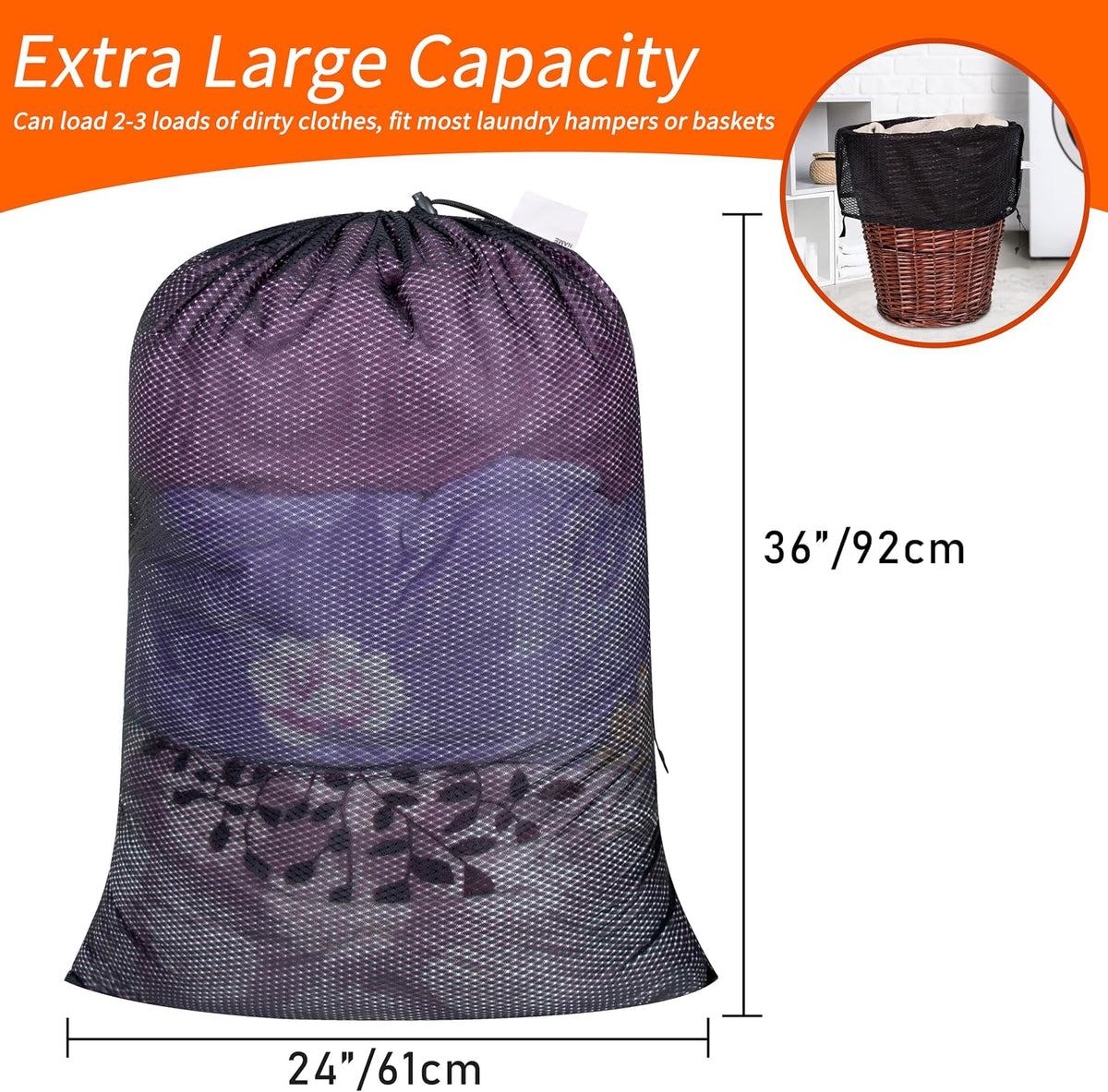 Polecasa 2 Pack Heavy Duty Diamond Large Mesh Laundry Bag, 24x36", Black