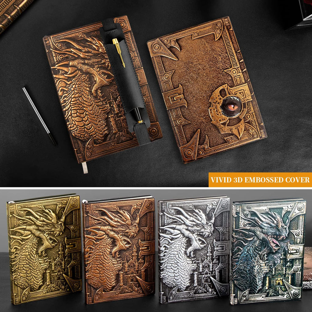 DND Dungeon and Dragon Notebook 3D Embossed Leather Dragon Journal with Black Ballpoint Pen &Pen Sleeve,A5 Vintage Travel Diary D&D Writing Notebook for Hardcover Journal Women&Men (Red Copper)