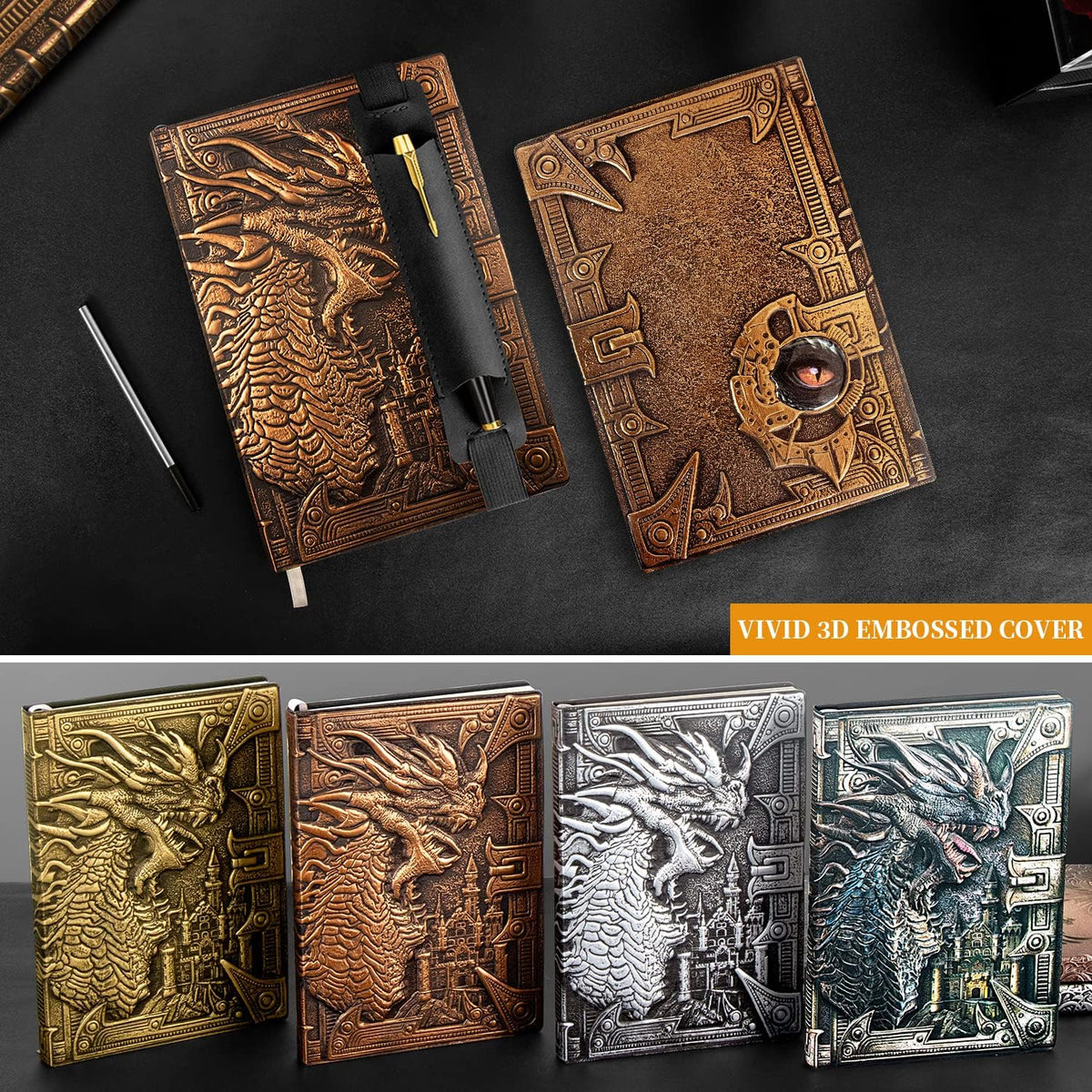 DND Dungeon and Dragon Notebook 3D Embossed Leather Dragon Journal with Black Ballpoint Pen &Pen Sleeve,A5 Vintage Travel Diary D&D Writing Notebook for Hardcover Journal Women&Men (Red Copper)