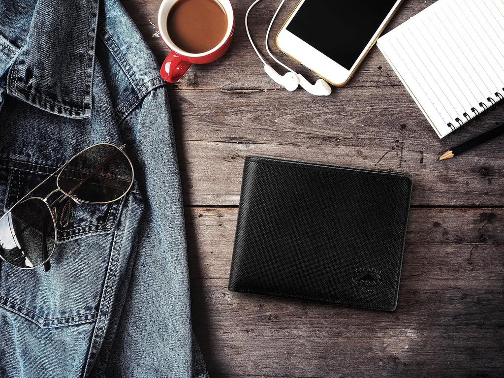 Stealth Mode Leather Bifold Wallet for Men With ID Window and RFID Blocking (Black Crunch)