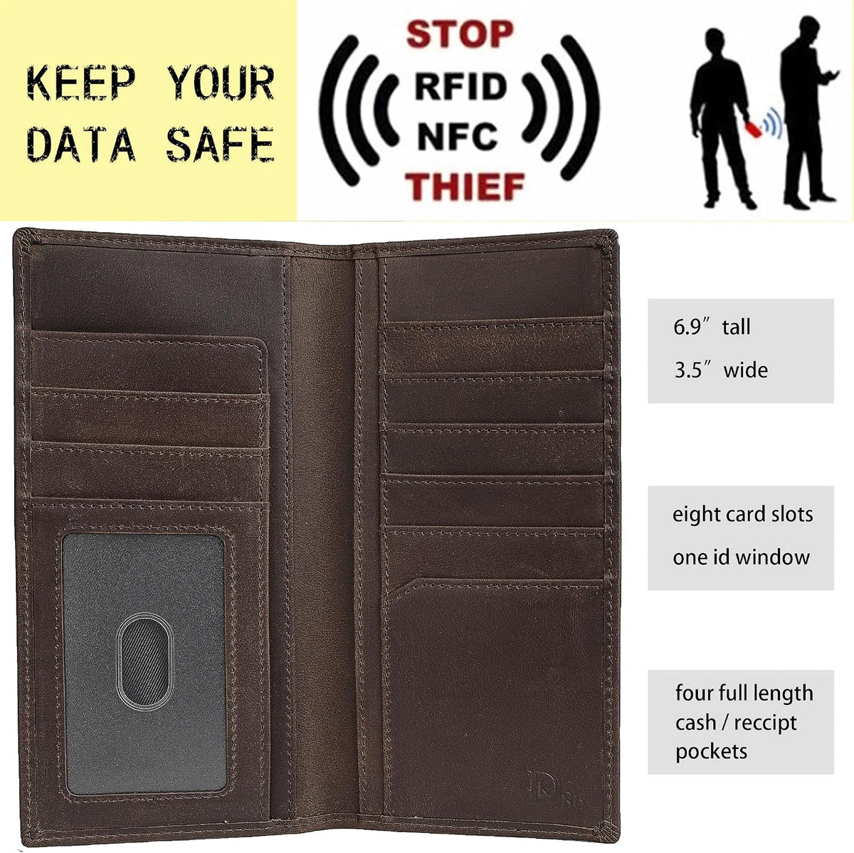 DK86 US Flag Long Wallet For Men Full Grain Leather Rfid Blocking Rodeo Wallet Bifold Wallet American Flag Wallet (vintage coffee with us flag)