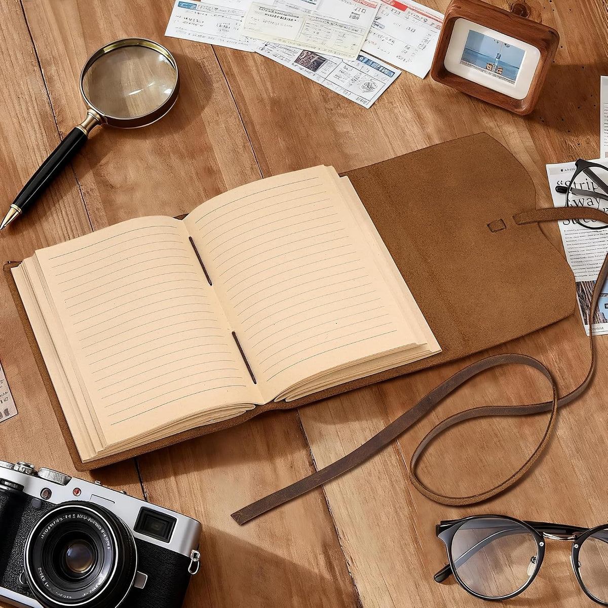 Leather Journal Notebook Genuine Leather Bound Journal Cover for Writing 300 Handmade Kraft Lined Pages Vintage Journal Daily Notepad for Men Women Travel, Brown (7''x5'')