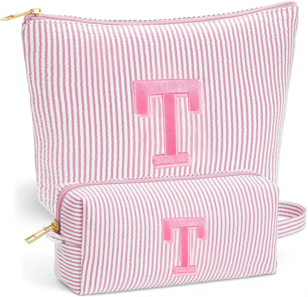 Initial Makeup Bag for Women - Travel Pouch, Portable Personalized Cosmetic Bag Make up Kit Pouch | Travel Essentials Cute Makeup Bag Birthday Gifts for Women, Light Pink Letter T