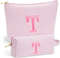 Initial Makeup Bag for Women - Travel Pouch, Portable Personalized Cosmetic Bag Make up Kit Pouch | Travel Essentials Cute Makeup Bag Birthday Gifts for Women, Light Pink Letter T